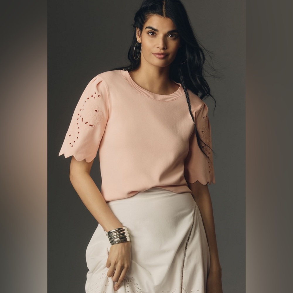 Maeve Anthropologie Pink Scalloped Twofer Sweater Tee size Large